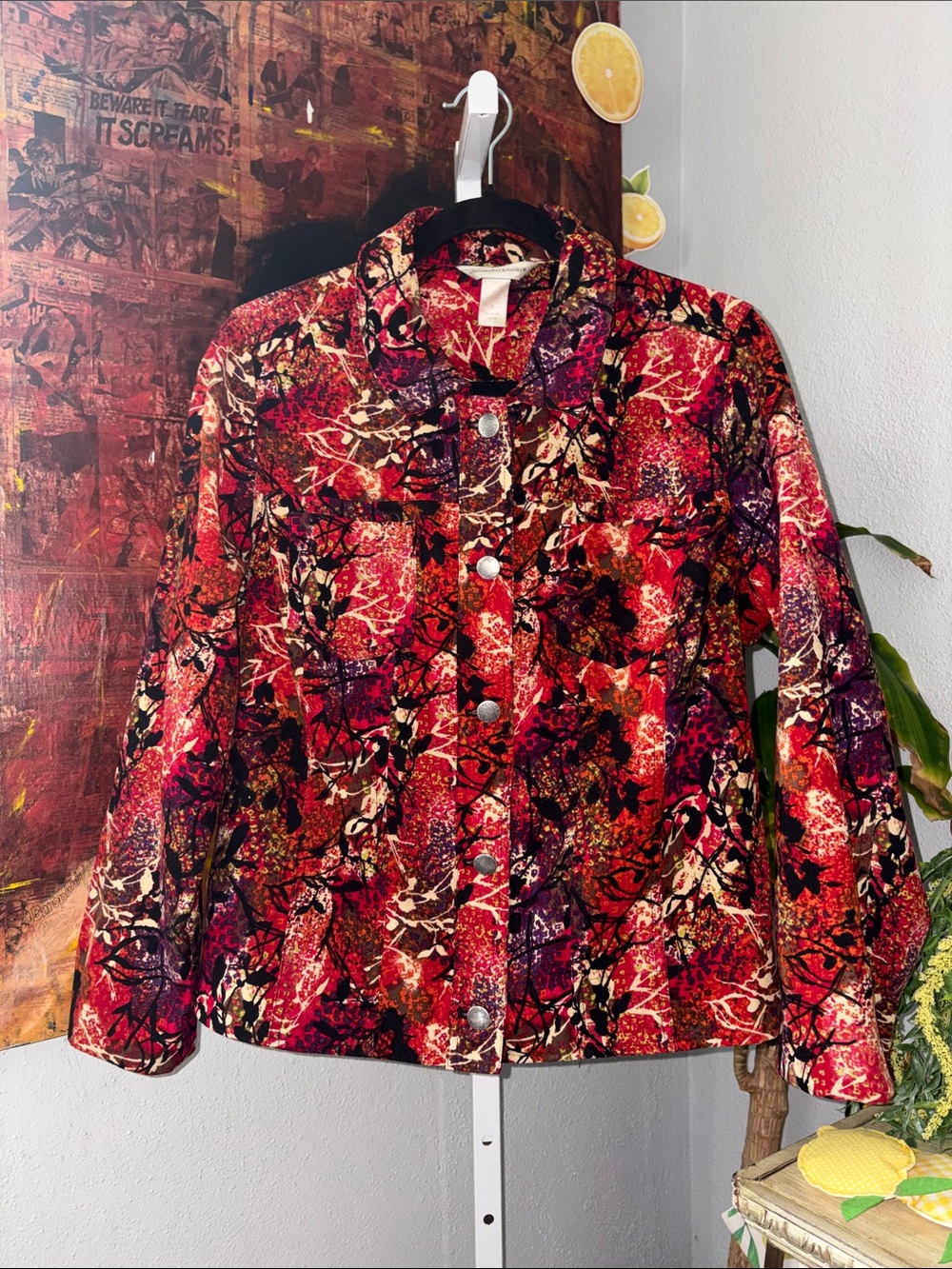 Christopher Banks Vibrant Red Multi-Color Button-Up Jacket Size S